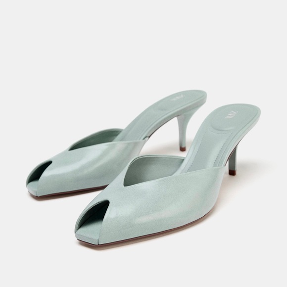 Zara Shoes - $60 Zara Dusty Blue Faux Patent Leather Peep Toe Heels Sandals Mules Size 8.5